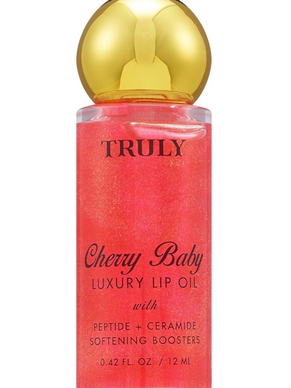 TRULY Cherry Baby Lip Oil – Shimmering Coral-Red with Gold Cap